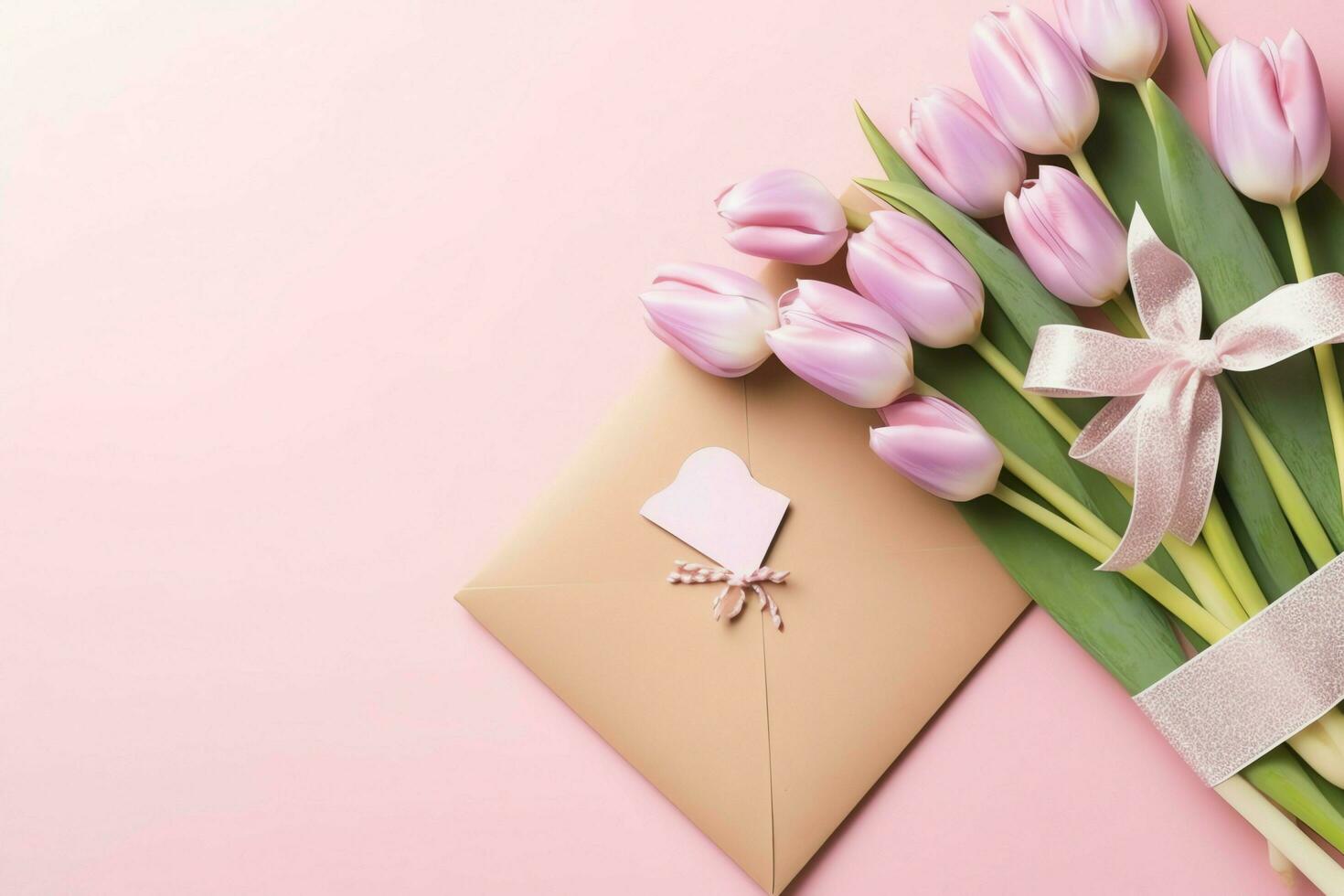 Decorative of tulips flowers bouquet or wrapped gift box. For mothers day or valentine with copyspace concept by AI Generated photo