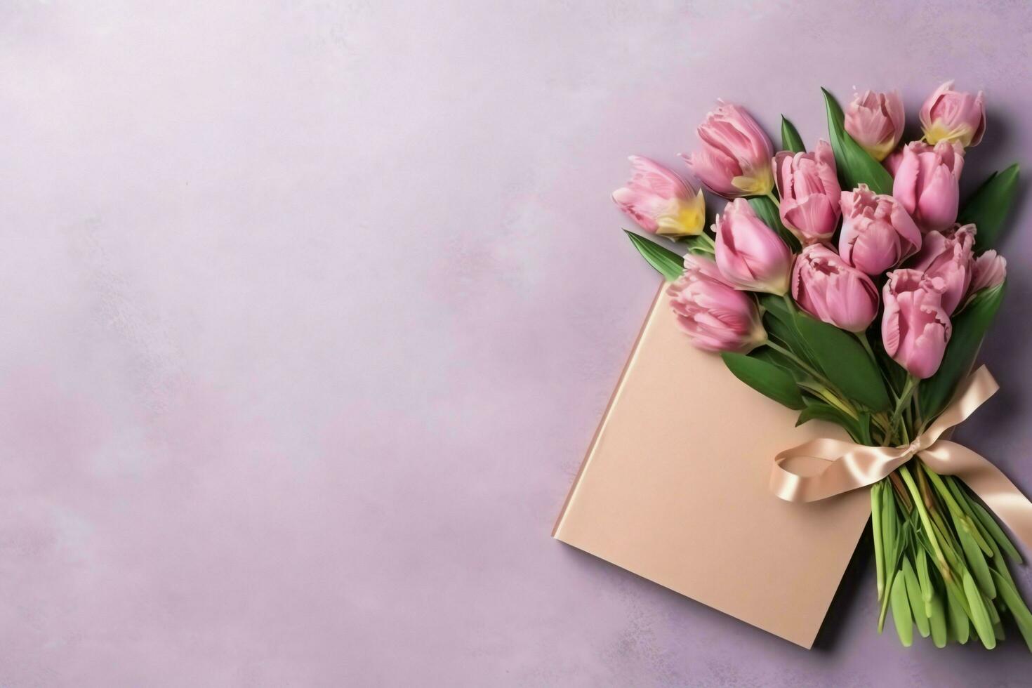 Decorative of tulips flowers bouquet or wrapped gift box. For mothers day or valentine with copyspace concept by AI Generated photo
