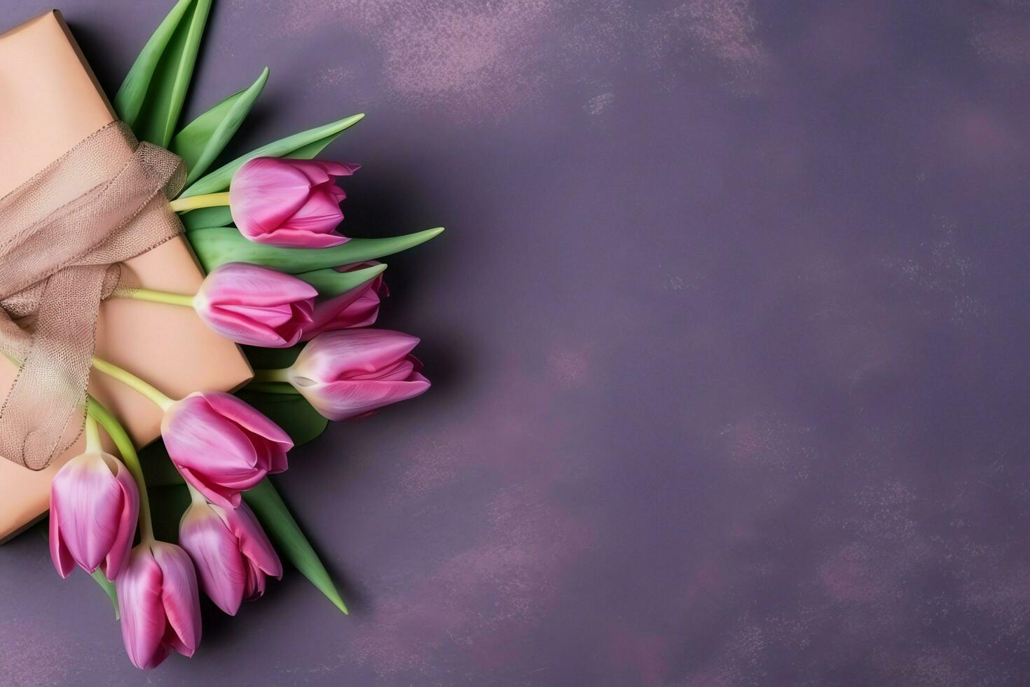 Decorative of tulips flowers bouquet or wrapped gift box. For mothers day or valentine with copyspace concept by AI Generated photo