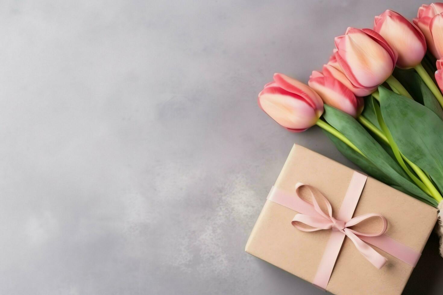 Decorative of tulips flowers bouquet or wrapped gift box. For mothers day or valentine with copyspace concept by AI Generated photo