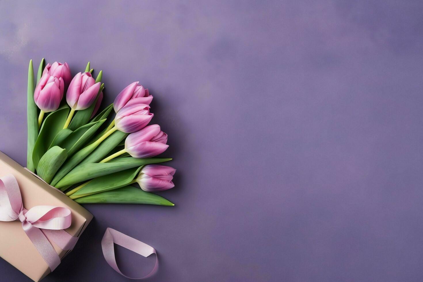 Decorative of tulips flowers bouquet or wrapped gift box. For mothers day or valentine with copyspace concept by AI Generated photo