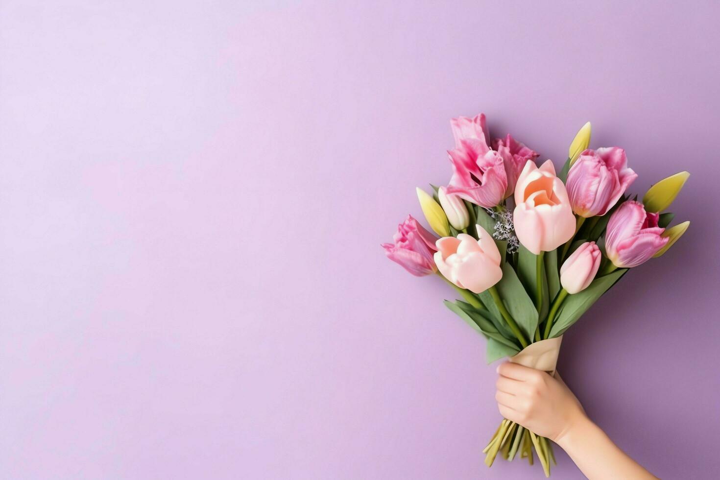 Decorative of tulips flowers bouquet or wrapped gift box. For mothers day or valentine with copyspace concept by AI Generated photo