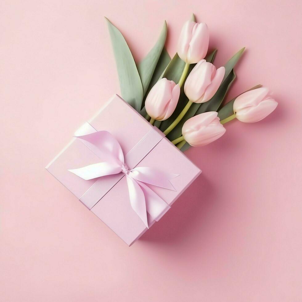 decorativo de tulipanes flores ramo de flores o envuelto regalo caja. para madres día o enamorado con copyspace concepto por ai generado foto