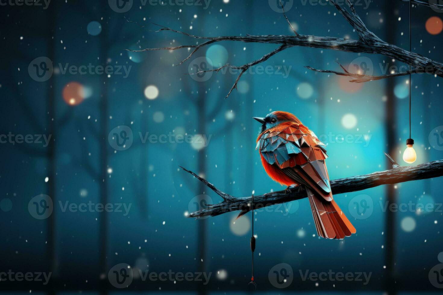 A little bird on tree branch with snow and bokeh background. photo