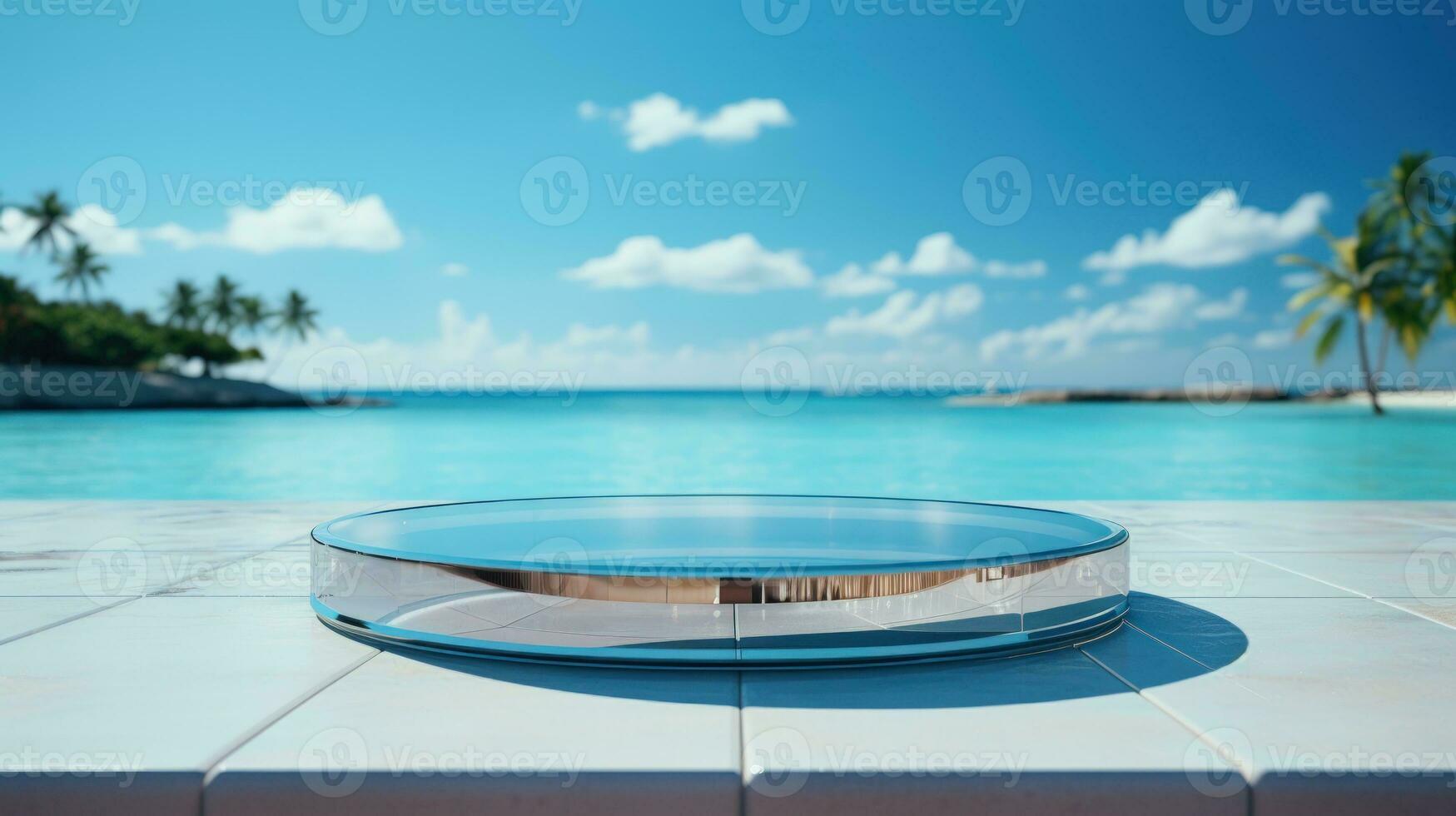 3D render empty luxury podium on blur beach tropical Caribbean  background. photo