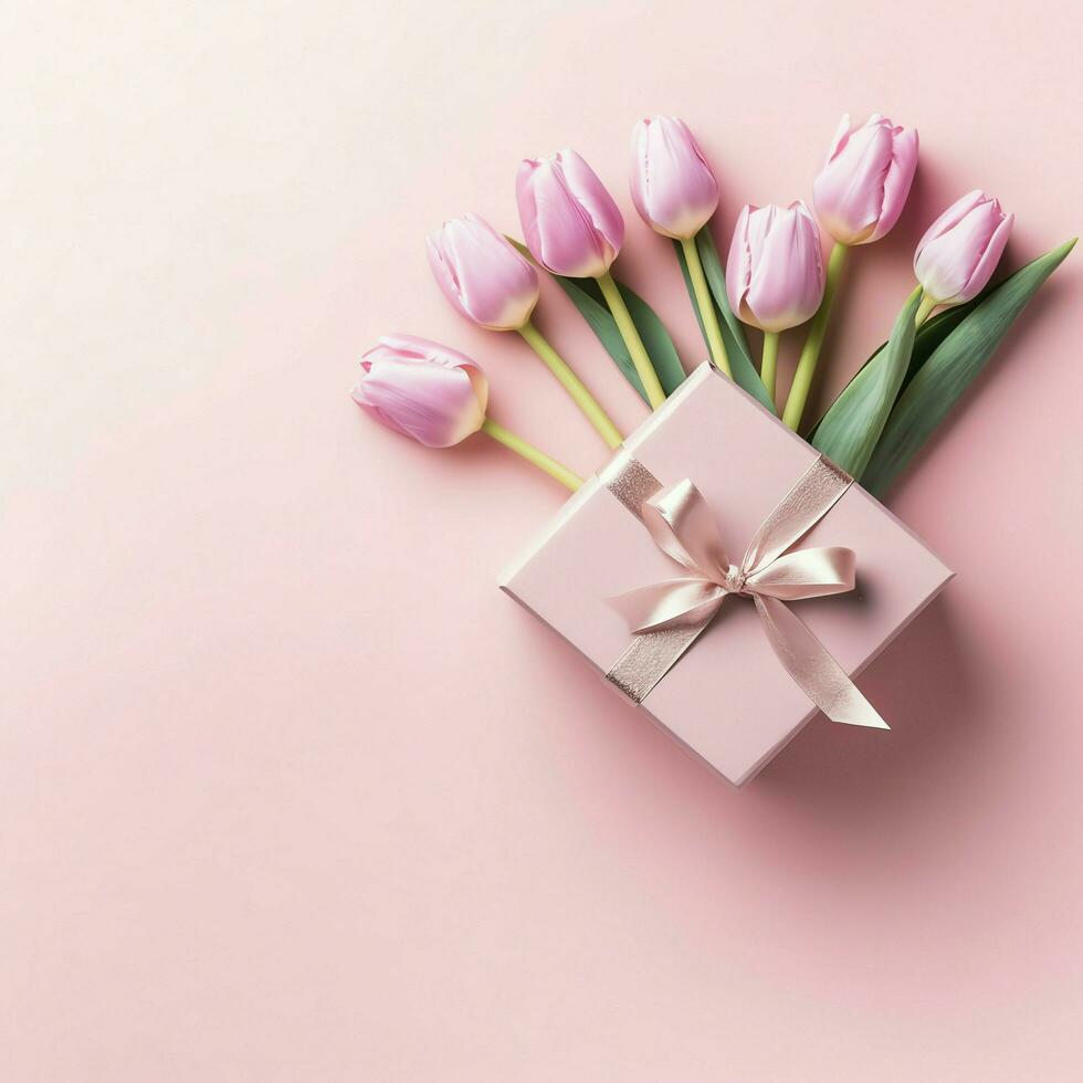 Decorative of tulips flowers bouquet or wrapped gift box. For mothers day or valentine with copyspace concept by AI Generated photo