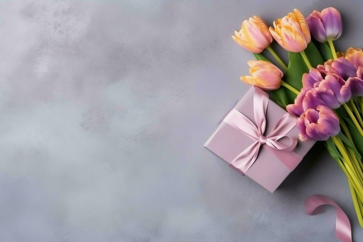 Decorative of tulips flowers bouquet or wrapped gift box. For mothers day or valentine with copyspace concept by AI Generated photo