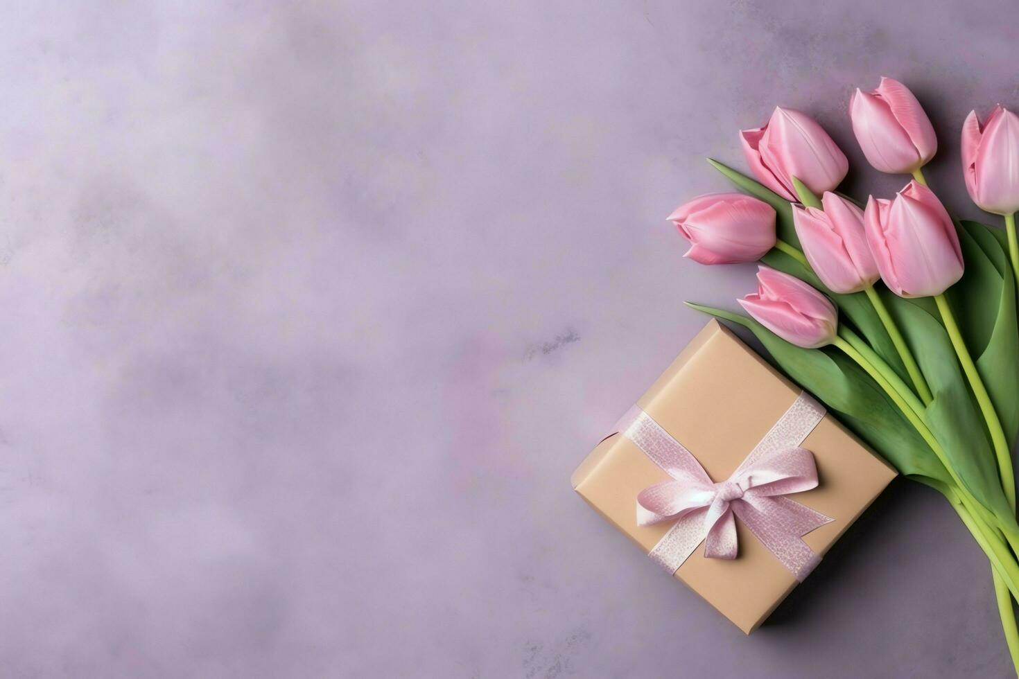 Decorative of tulips flowers bouquet or wrapped gift box. For mothers day or valentine with copyspace concept by AI Generated photo