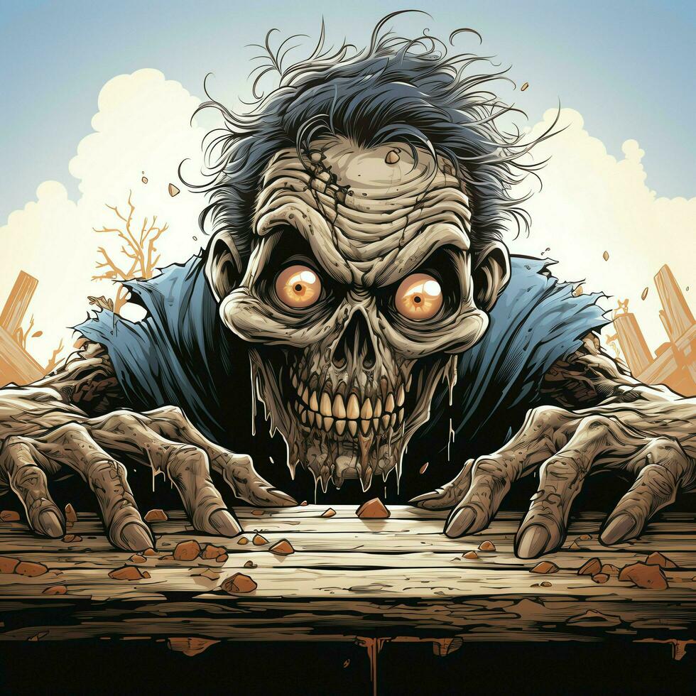 A creepy zombie in cartoon style. A scary zombie resurrection and crawling for halloween celebration. Halloween concept by AI generated photo