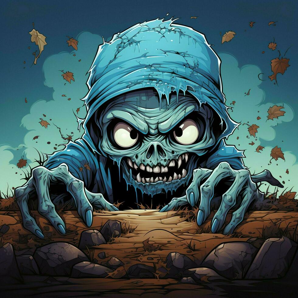 A creepy zombie in cartoon style. A scary zombie resurrection and crawling for halloween celebration. Halloween concept by AI generated photo