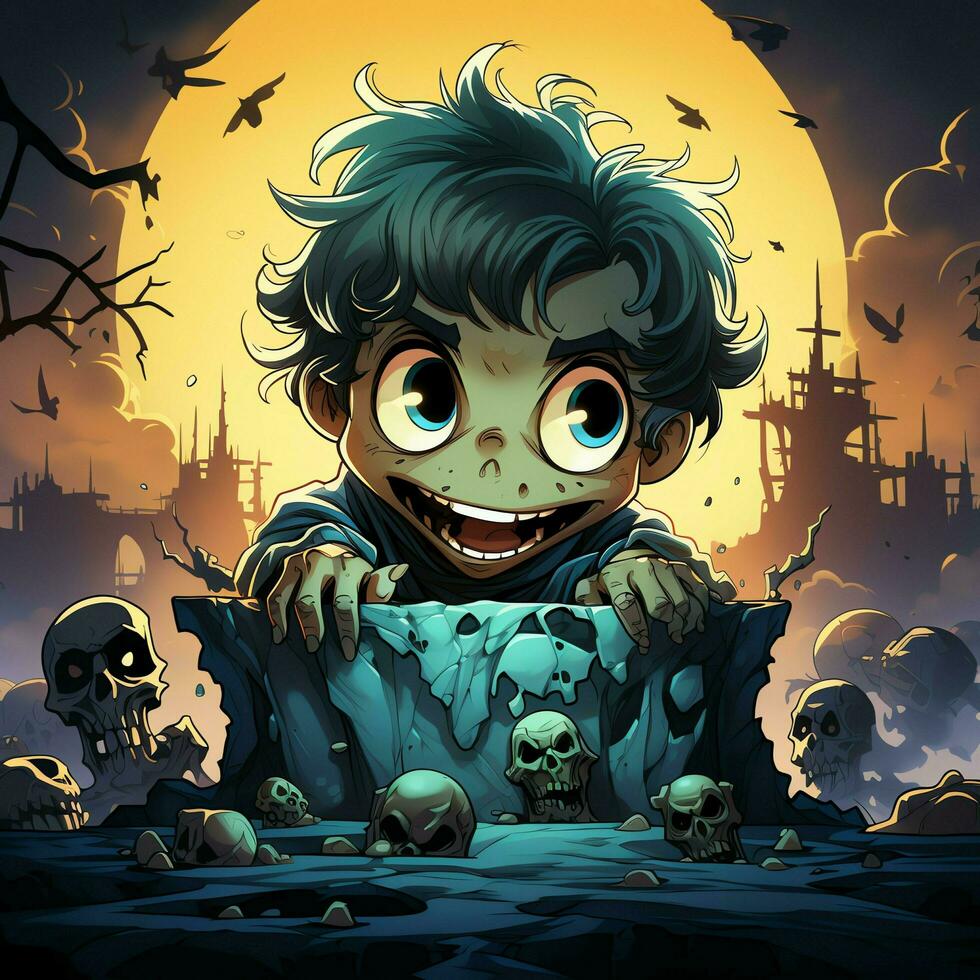 A creepy zombie in cartoon style. A scary zombie resurrection and crawling for halloween celebration. Halloween concept by AI generated photo