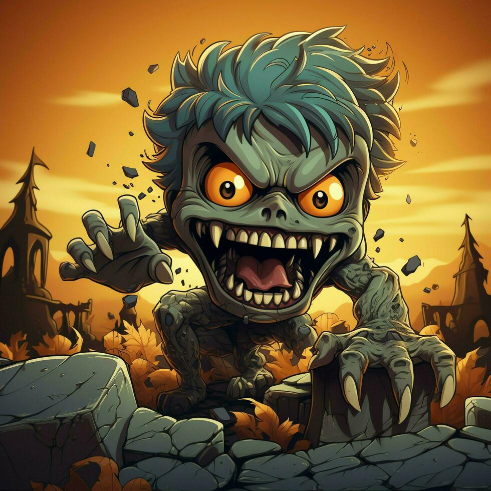 A creepy zombie in cartoon style. A scary zombie resurrection and crawling for halloween celebration. Halloween concept by AI generated photo