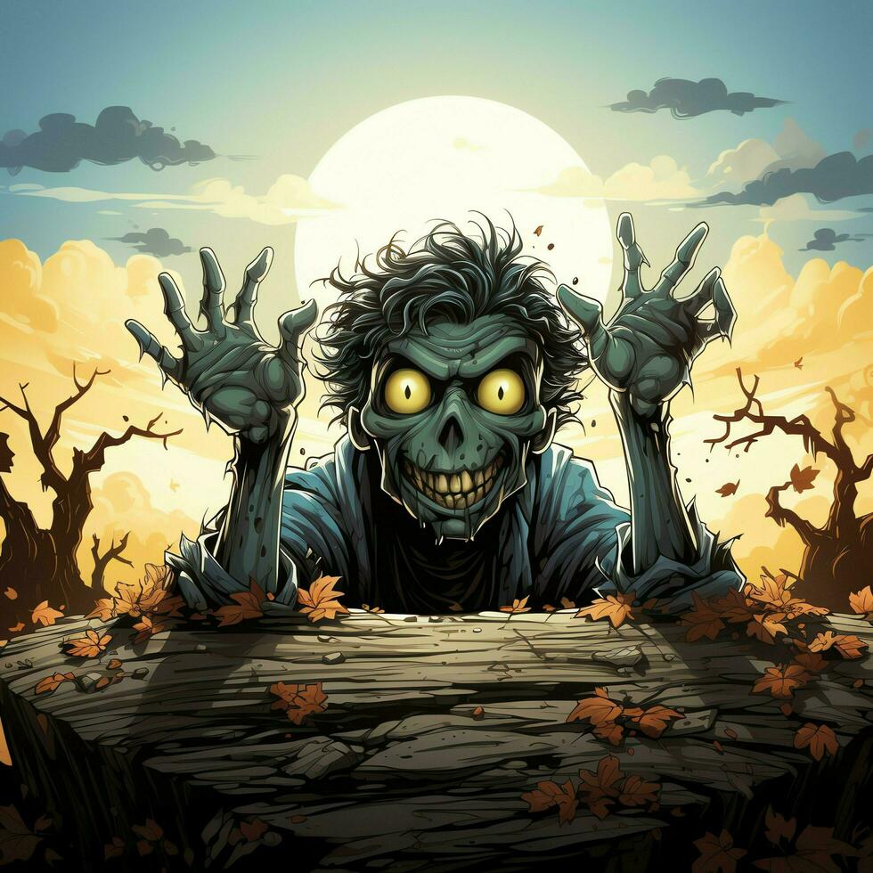 A creepy zombie in cartoon style. A scary zombie resurrection and crawling for halloween celebration. Halloween concept by AI generated photo