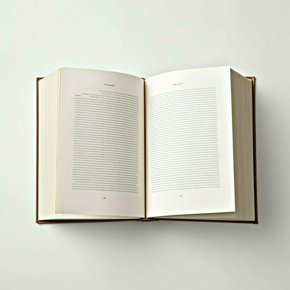 Overhead view of open book with empty blank white pages. Notebook composition for catalog, magazines concept by AI Generated photo