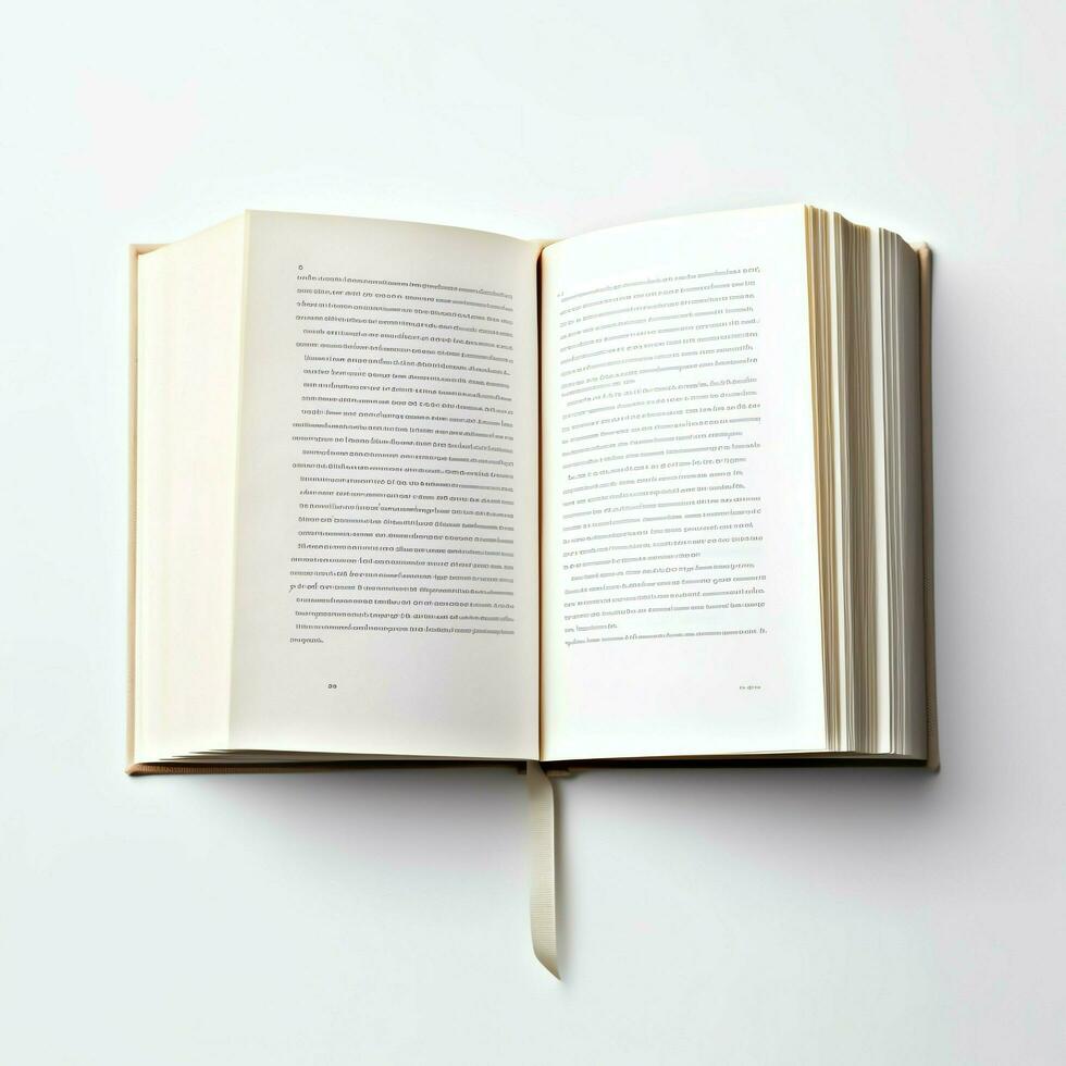 Overhead view of open book with empty blank white pages. Notebook composition for catalog, magazines concept by AI Generated photo