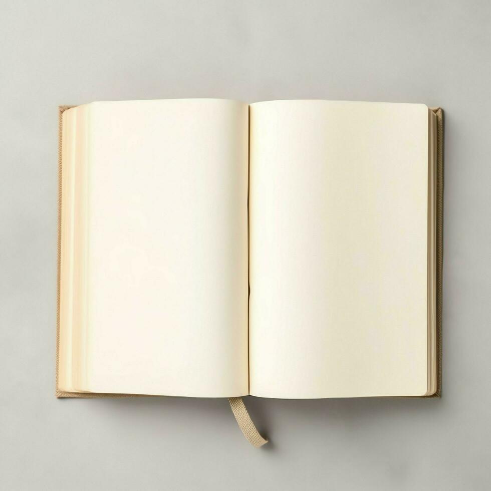Overhead view of open book with empty blank white pages. Notebook composition for catalog, magazines concept by AI Generated photo