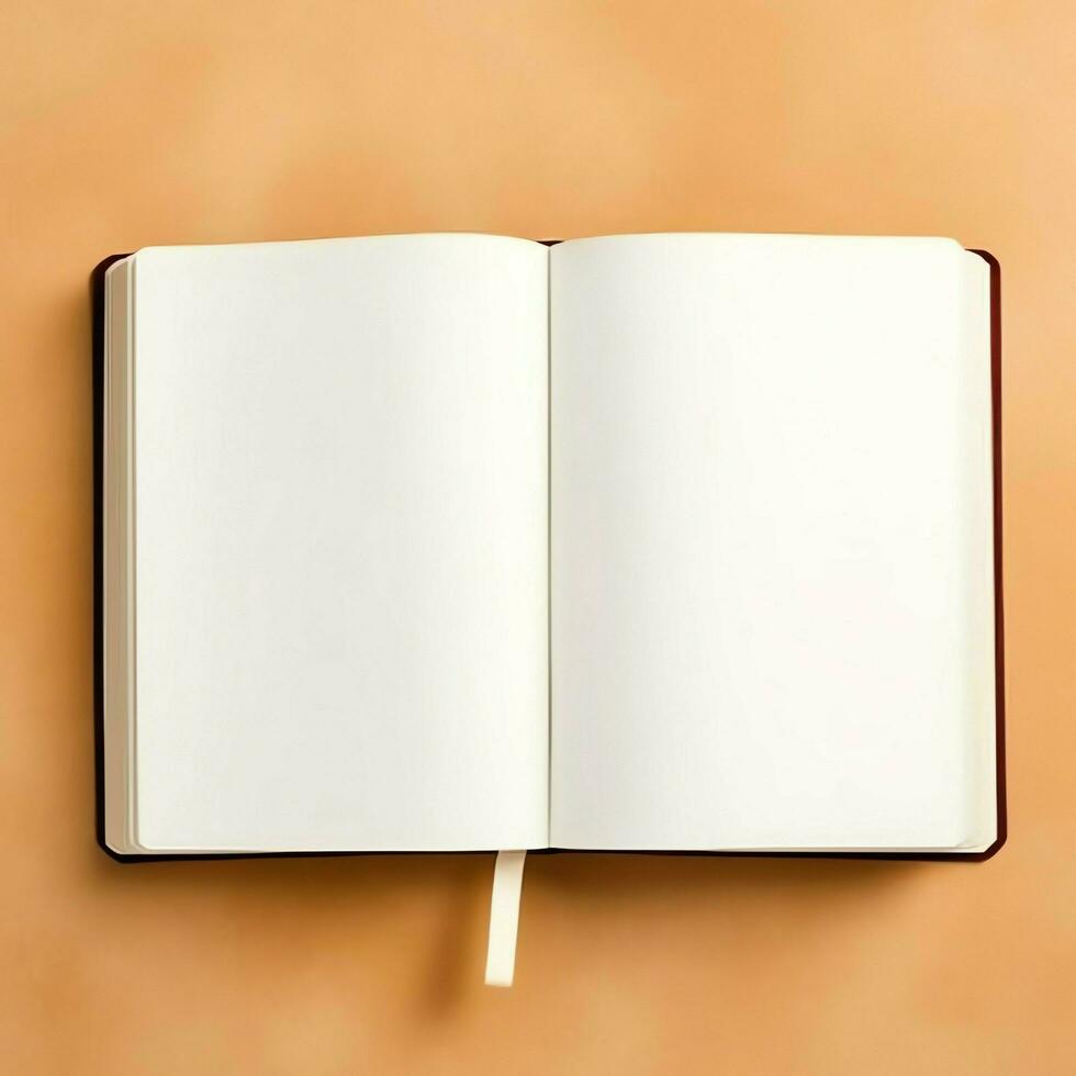 Overhead view of open book with empty blank white pages. Notebook composition for catalog, magazines concept by AI Generated photo