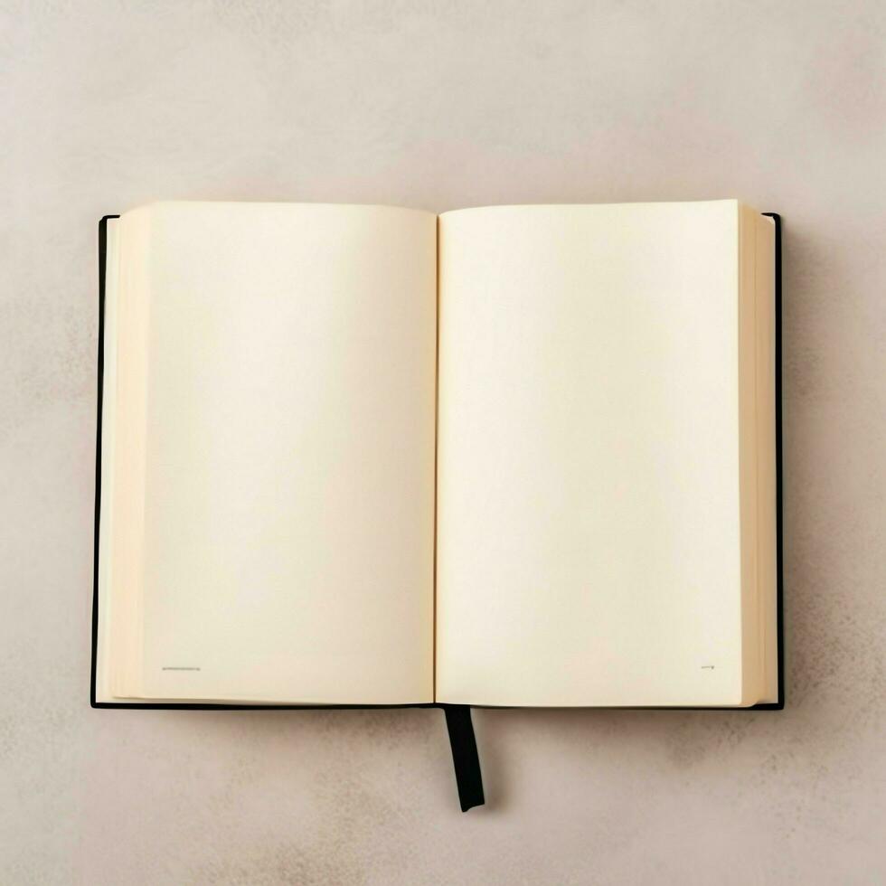 Overhead view of open book with empty blank white pages. Notebook composition for catalog, magazines concept by AI Generated photo