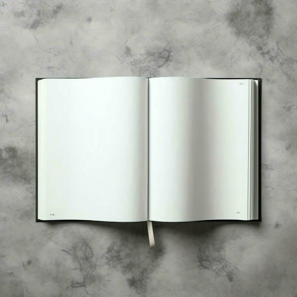 Overhead view of open book with empty blank white pages. Notebook composition for catalog, magazines concept by AI Generated photo