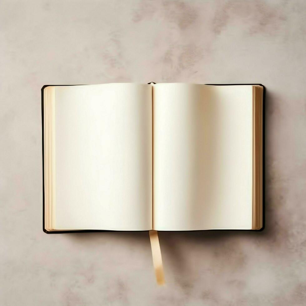 Overhead view of open book with empty blank white pages. Notebook composition for catalog, magazines concept by AI Generated photo