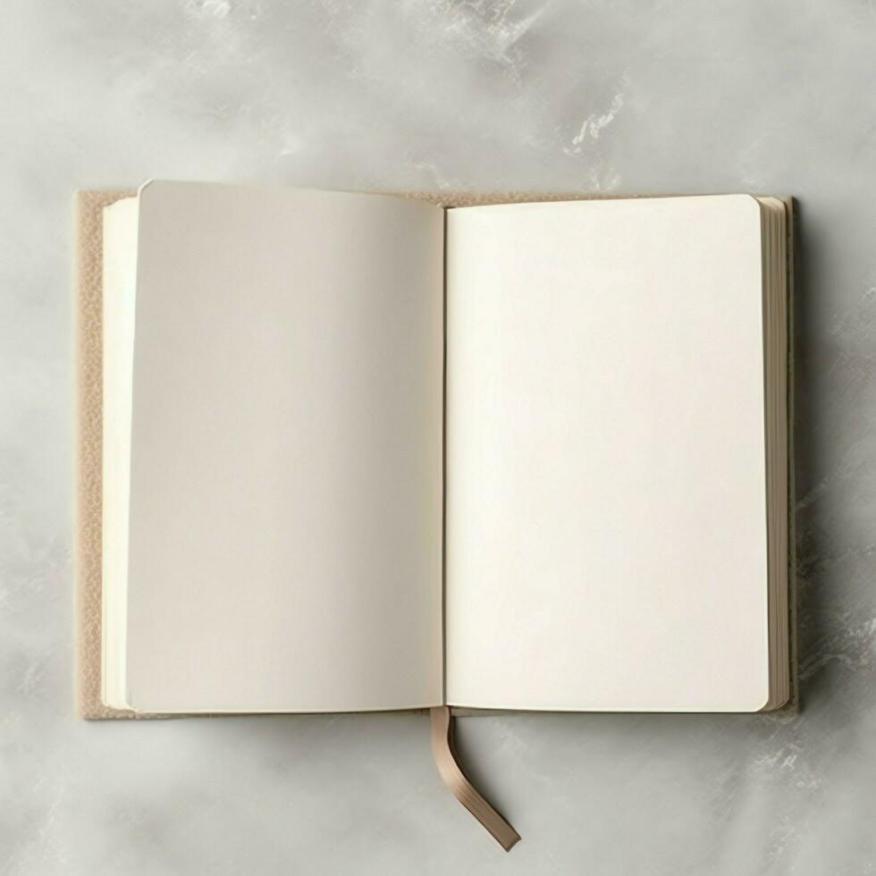 Overhead view of open book with empty blank white pages. Notebook composition for catalog, magazines concept by AI Generated photo