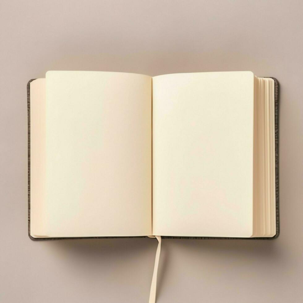 Overhead view of open book with empty blank white pages. Notebook composition for catalog, magazines concept by AI Generated photo