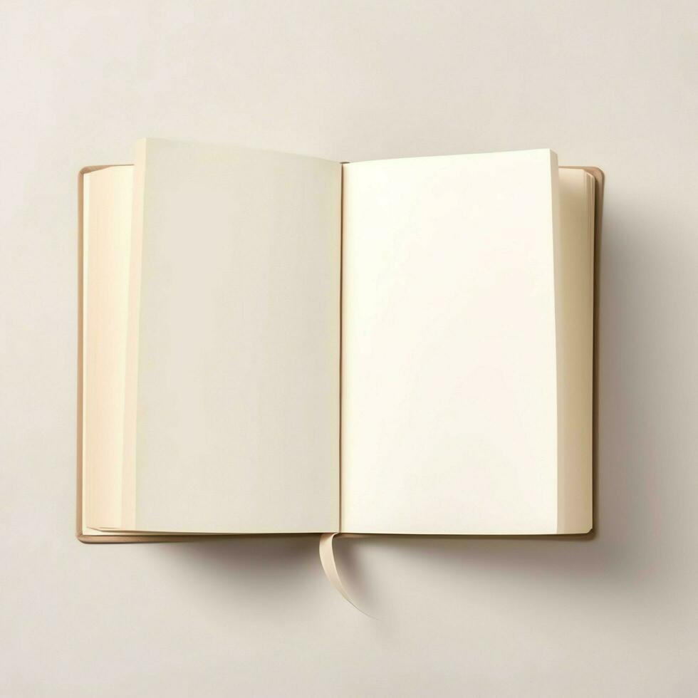 Overhead view of open book with empty blank white pages. Notebook composition for catalog, magazines concept by AI Generated photo