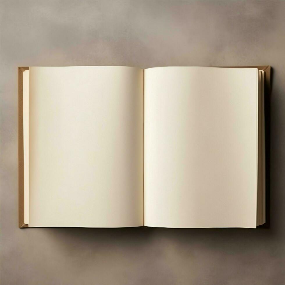 Overhead view of open book with empty blank white pages. Notebook composition for catalog, magazines concept by AI Generated photo