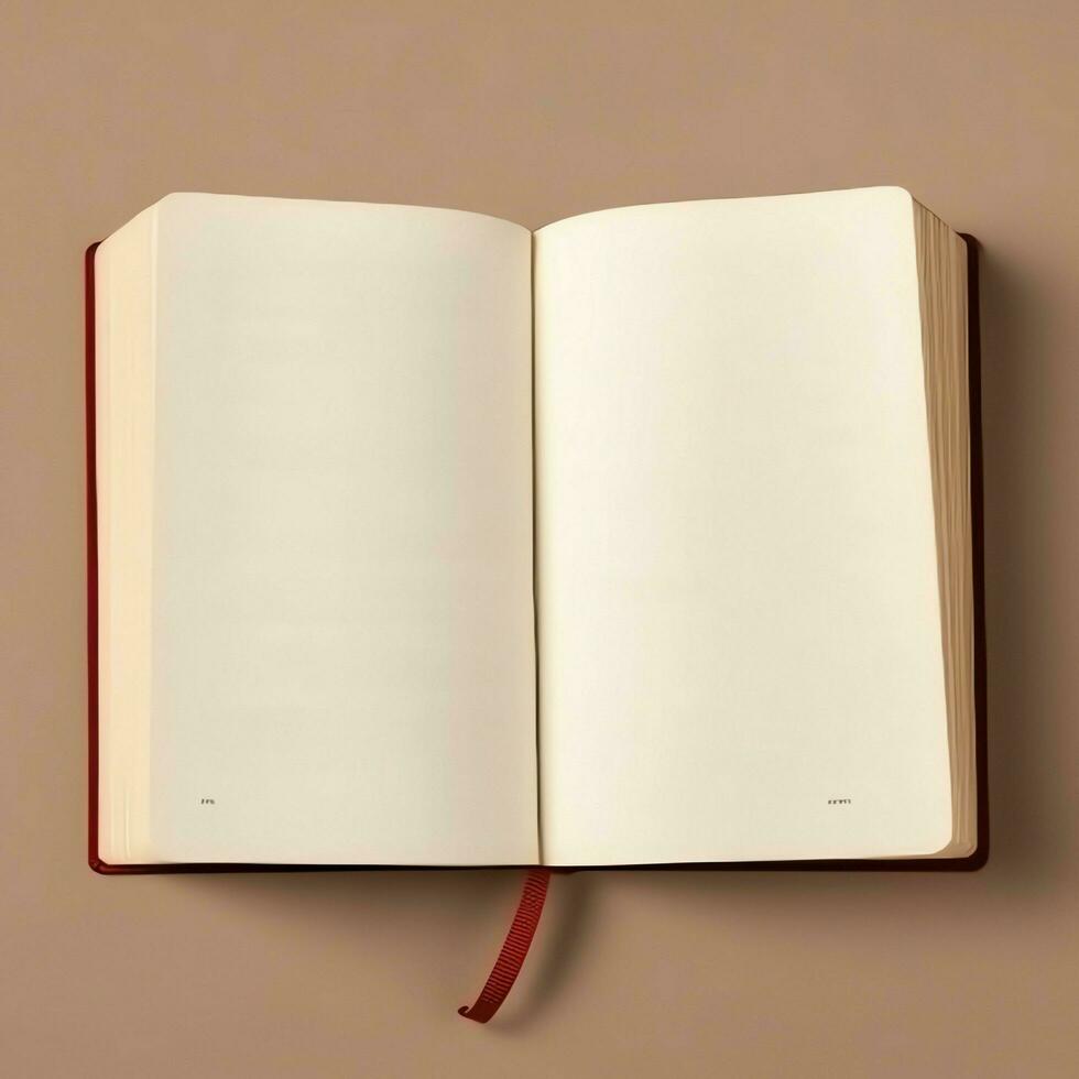 Overhead view of open book with empty blank white pages. Notebook composition for catalog, magazines concept by AI Generated photo