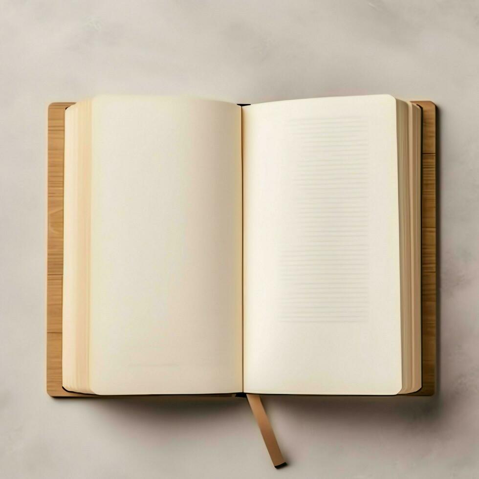 Overhead view of open book with empty blank white pages. Notebook composition for catalog, magazines concept by AI Generated photo