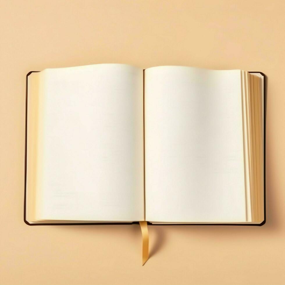 Overhead view of open book with empty blank white pages. Notebook composition for catalog, magazines concept by AI Generated photo