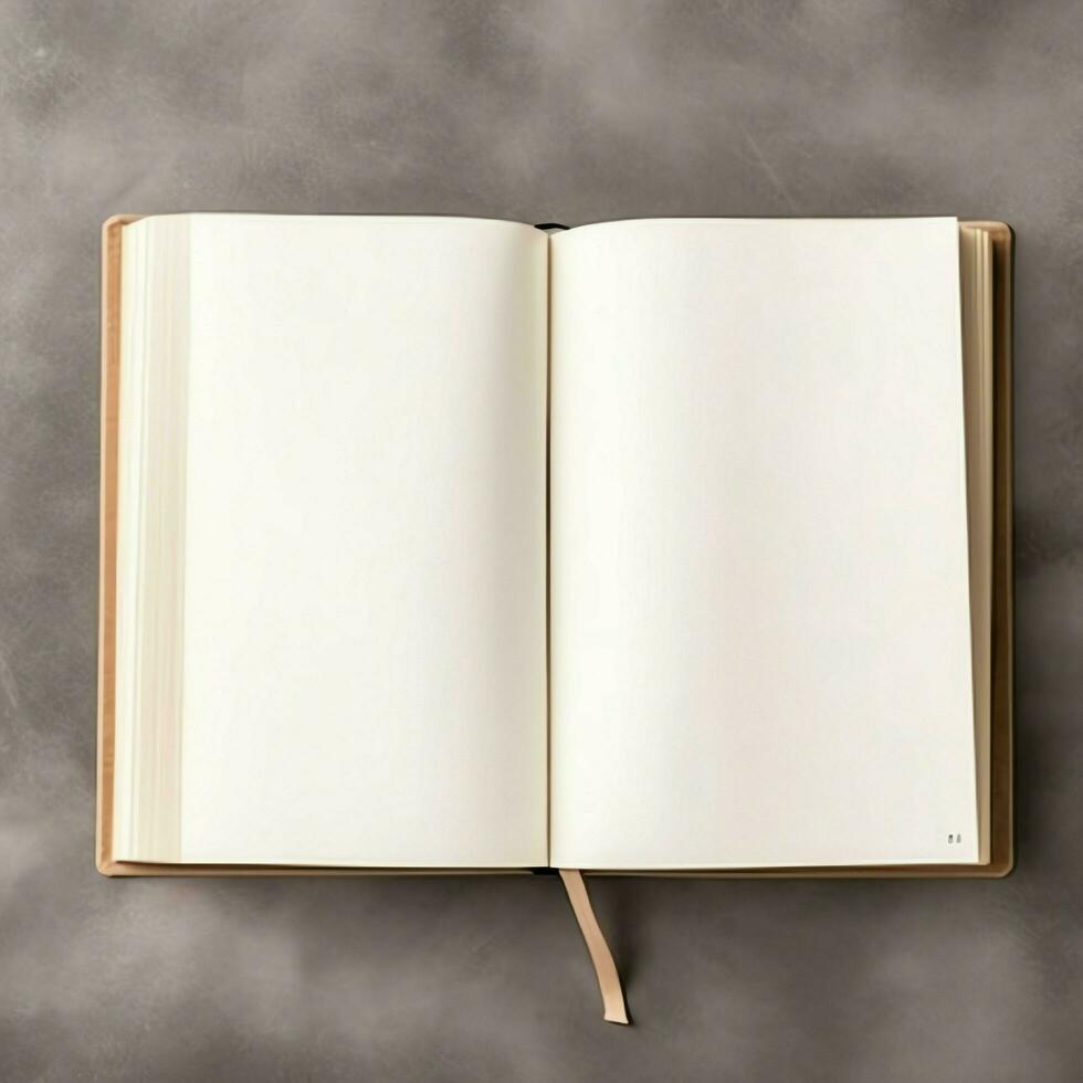 Overhead view of open book with empty blank white pages. Notebook composition for catalog, magazines concept by AI Generated photo