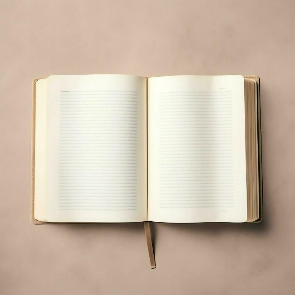 Overhead view of open book with empty blank white pages. Notebook composition for catalog, magazines concept by AI Generated photo
