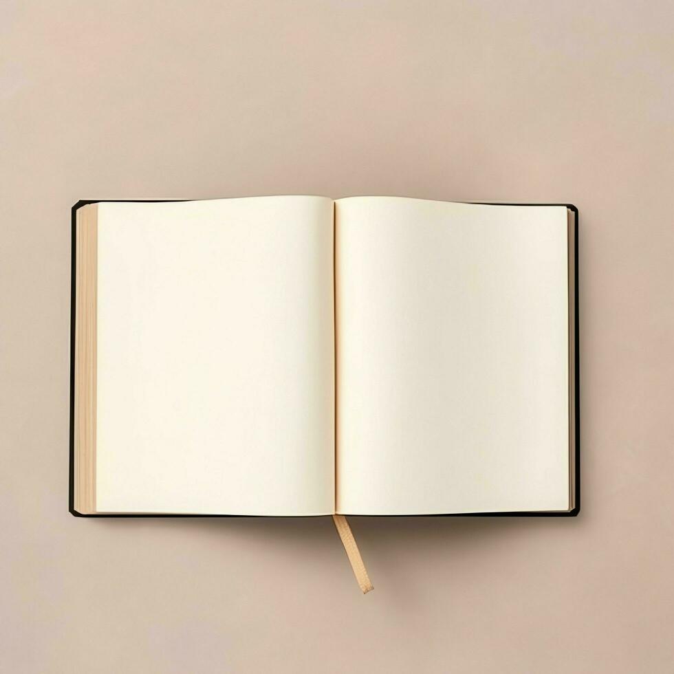 Overhead view of open book with empty blank white pages. Notebook composition for catalog, magazines concept by AI Generated photo