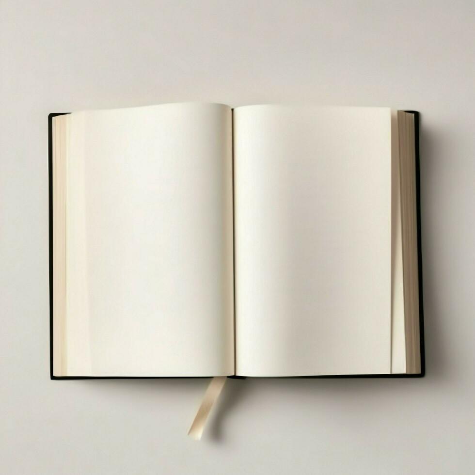 Overhead view of open book with empty blank white pages. Notebook composition for catalog, magazines concept by AI Generated photo