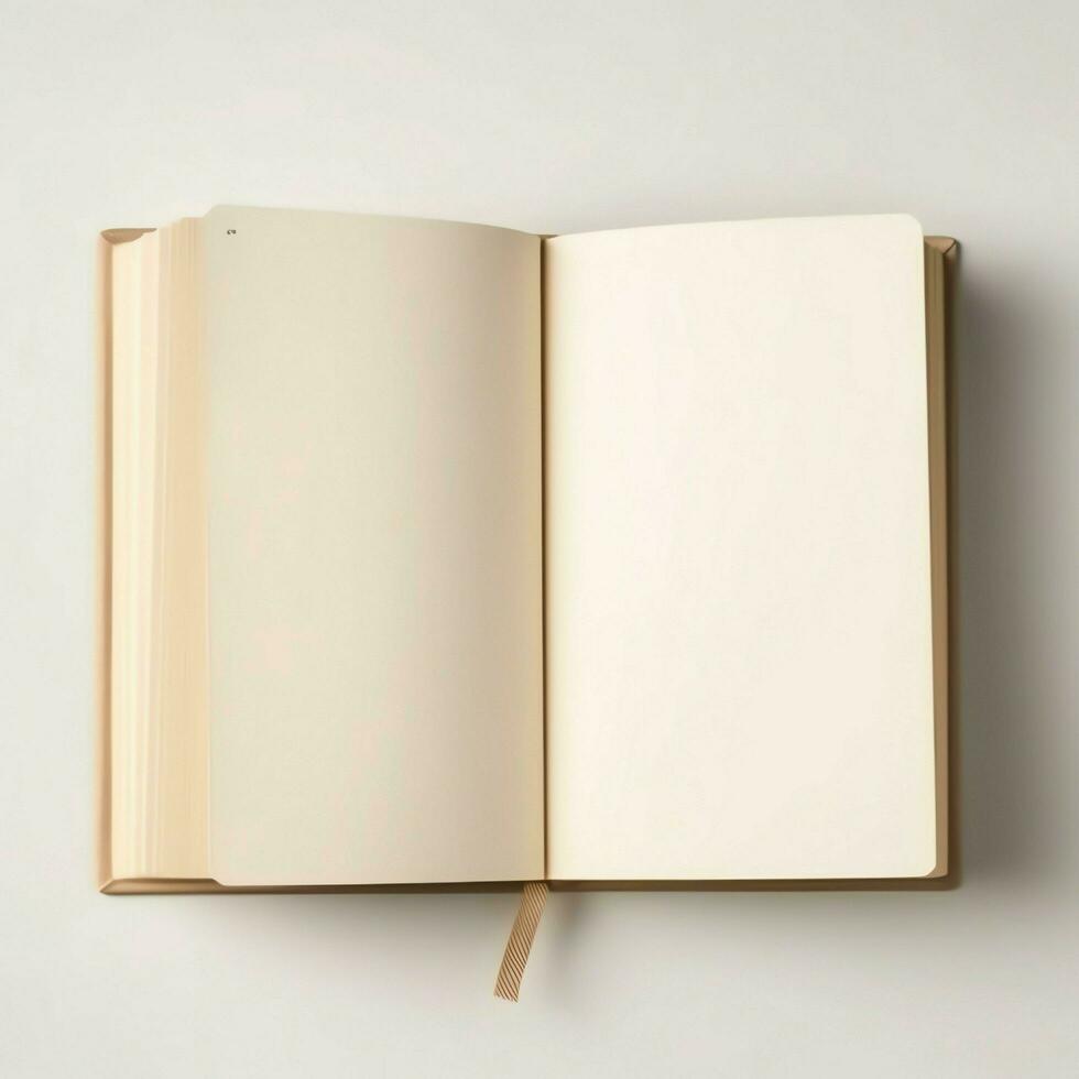 Overhead view of open book with empty blank white pages. Notebook composition for catalog, magazines concept by AI Generated photo