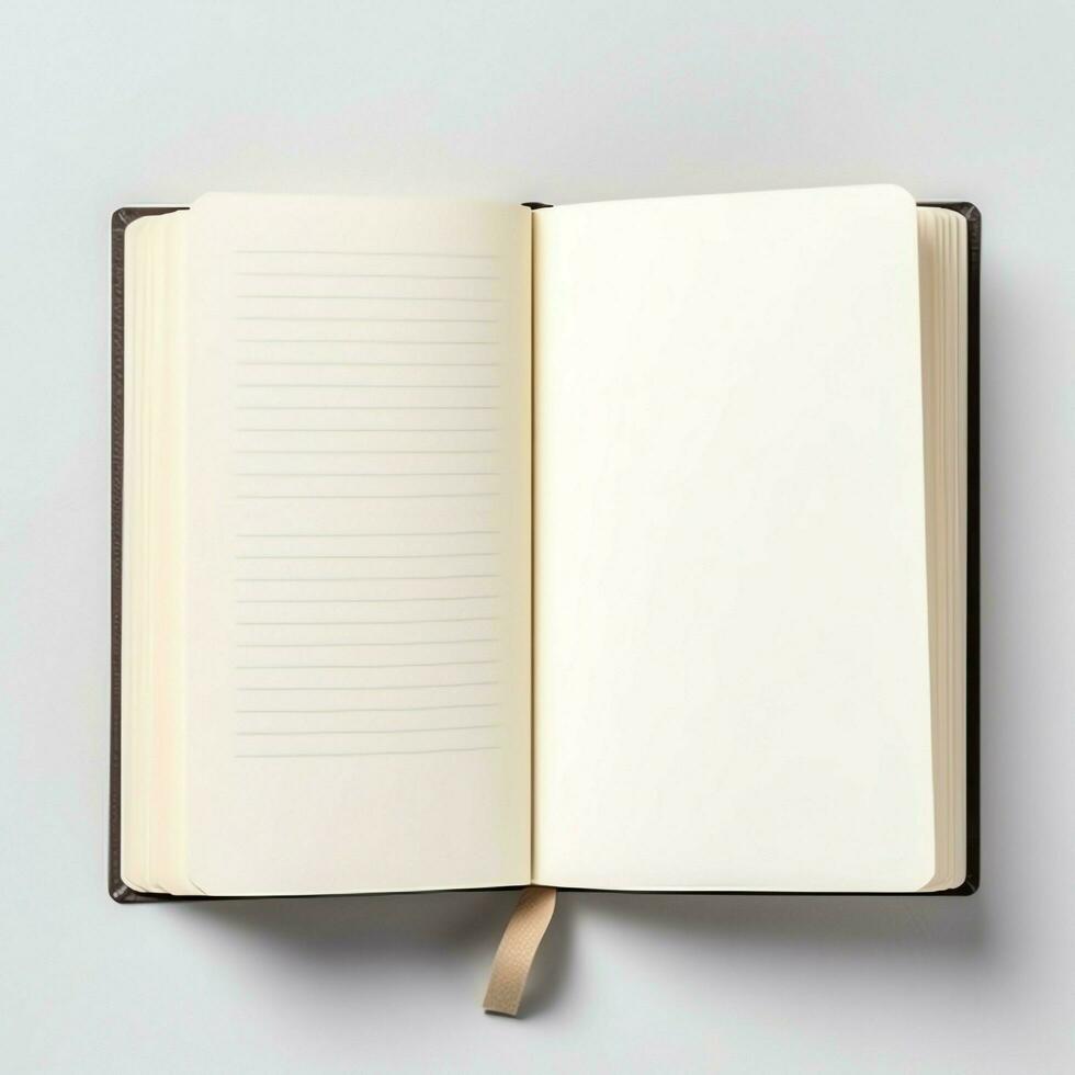 Overhead view of open book with empty blank white pages. Notebook composition for catalog, magazines concept by AI Generated photo