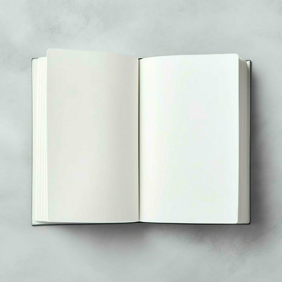 Overhead view of open book with empty blank white pages. Notebook composition for catalog, magazines concept by AI Generated photo