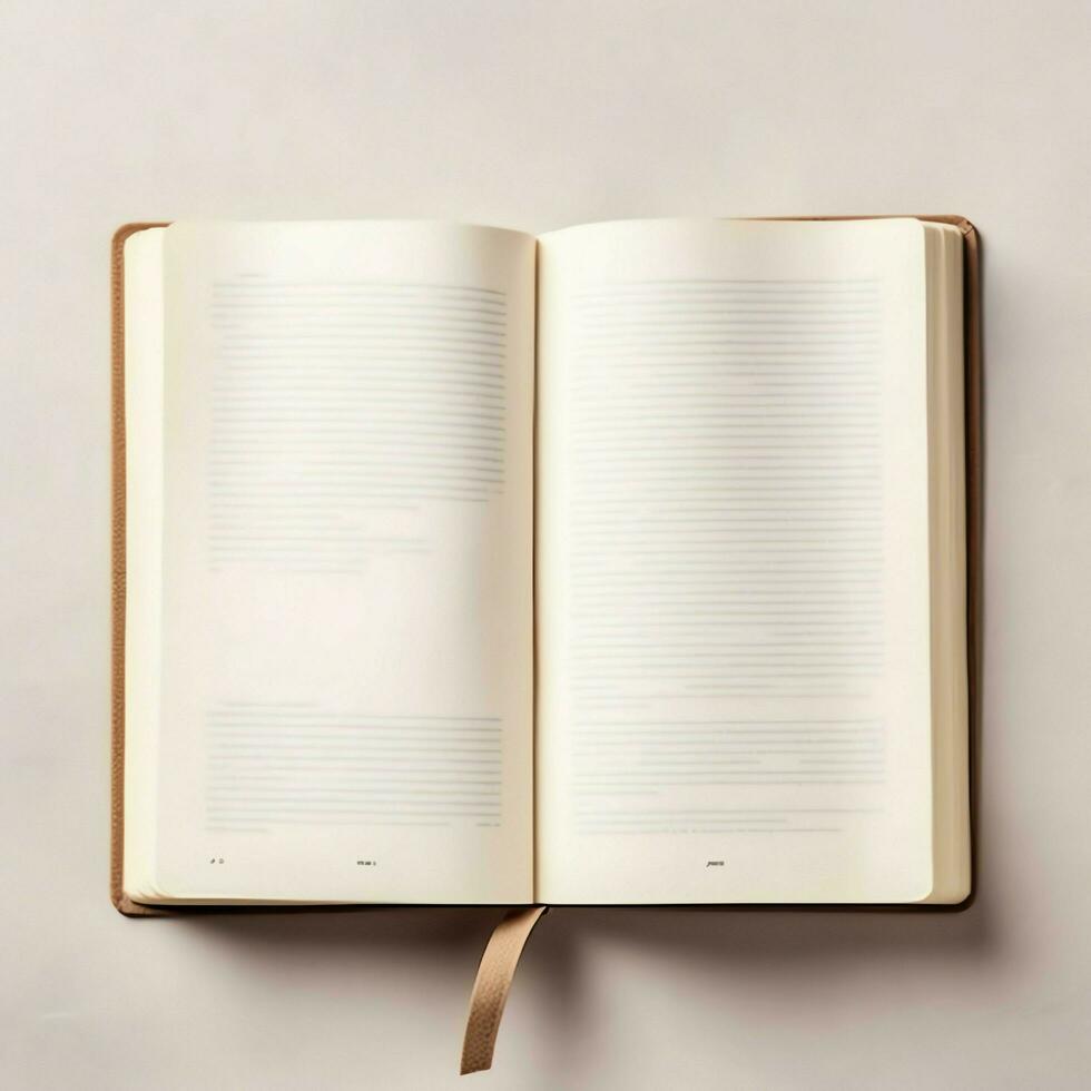 Overhead view of open book with empty blank white pages. Notebook composition for catalog, magazines concept by AI Generated photo