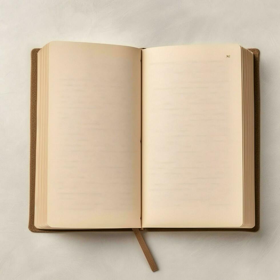 Overhead view of open book with empty blank white pages. Notebook composition for catalog, magazines concept by AI Generated photo