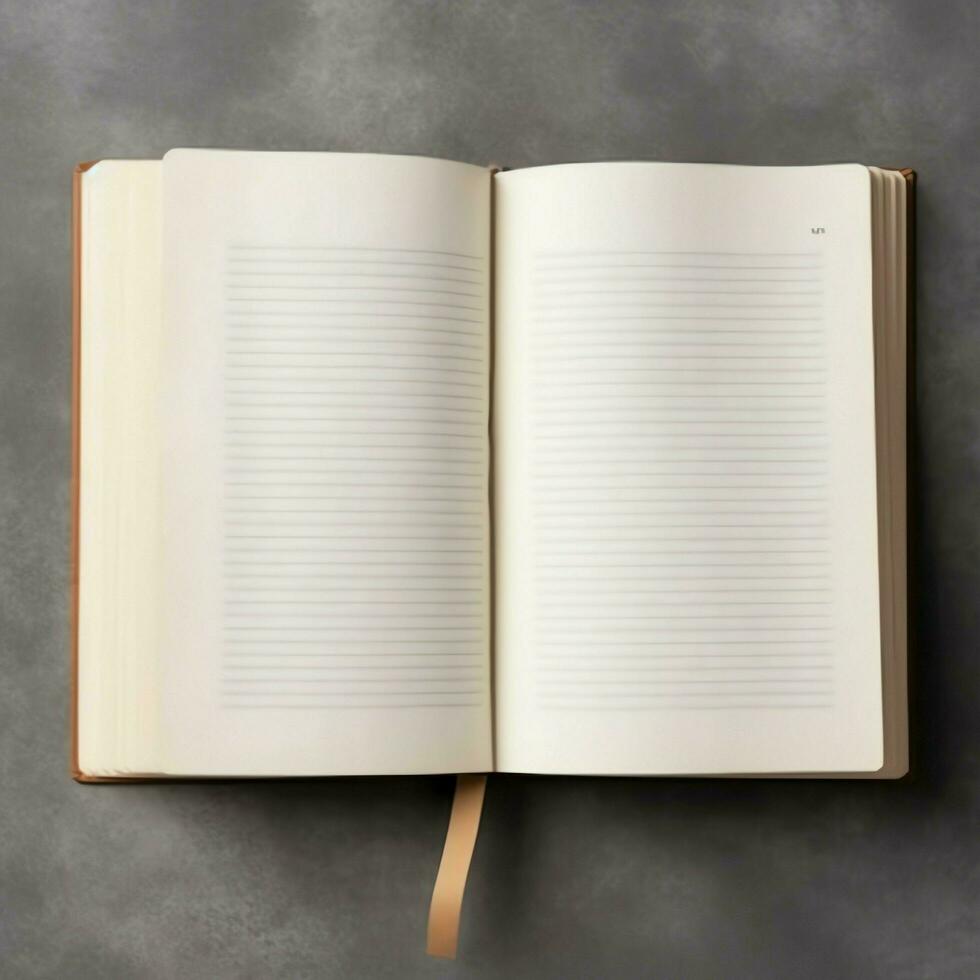 Overhead view of open book with empty blank white pages. Notebook composition for catalog, magazines concept by AI Generated photo