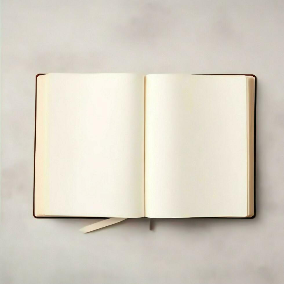 Overhead view of open book with empty blank white pages. Notebook composition for catalog, magazines concept by AI Generated photo