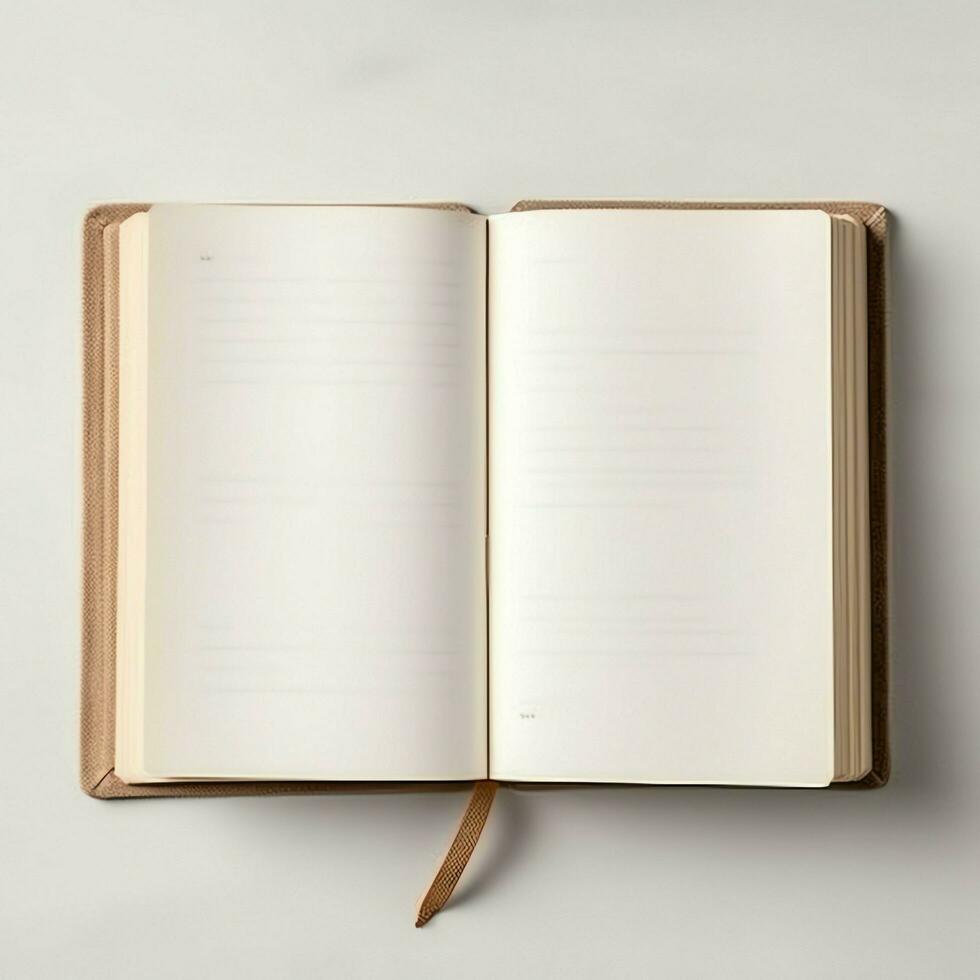 Overhead view of open book with empty blank white pages. Notebook composition for catalog, magazines concept by AI Generated photo