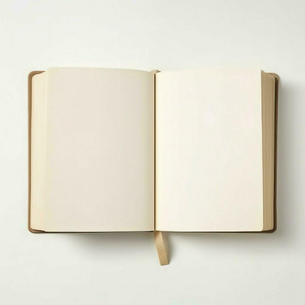 Overhead view of open book with empty blank white pages. Notebook composition for catalog, magazines concept by AI Generated photo