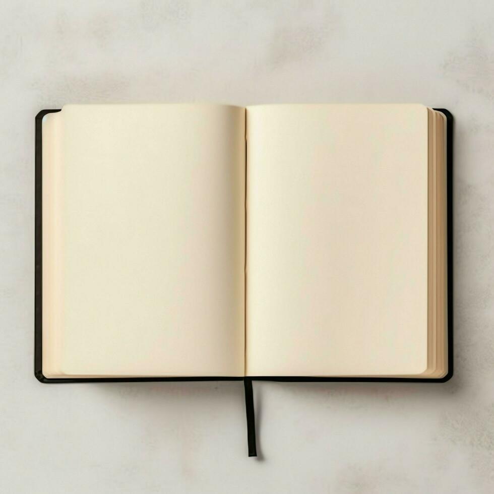 Overhead view of open book with empty blank white pages. Notebook composition for catalog, magazines concept by AI Generated photo