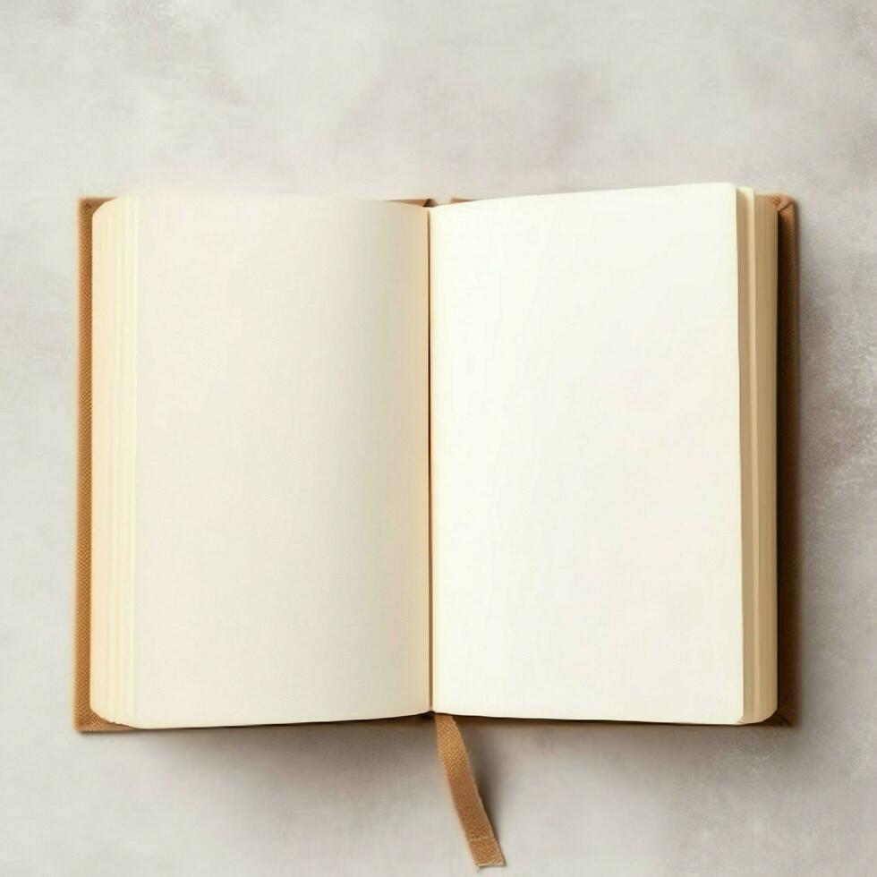 Overhead view of open book with empty blank white pages. Notebook composition for catalog, magazines concept by AI Generated photo