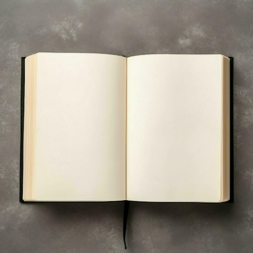 Overhead view of open book with empty blank white pages. Notebook composition for catalog, magazines concept by AI Generated photo