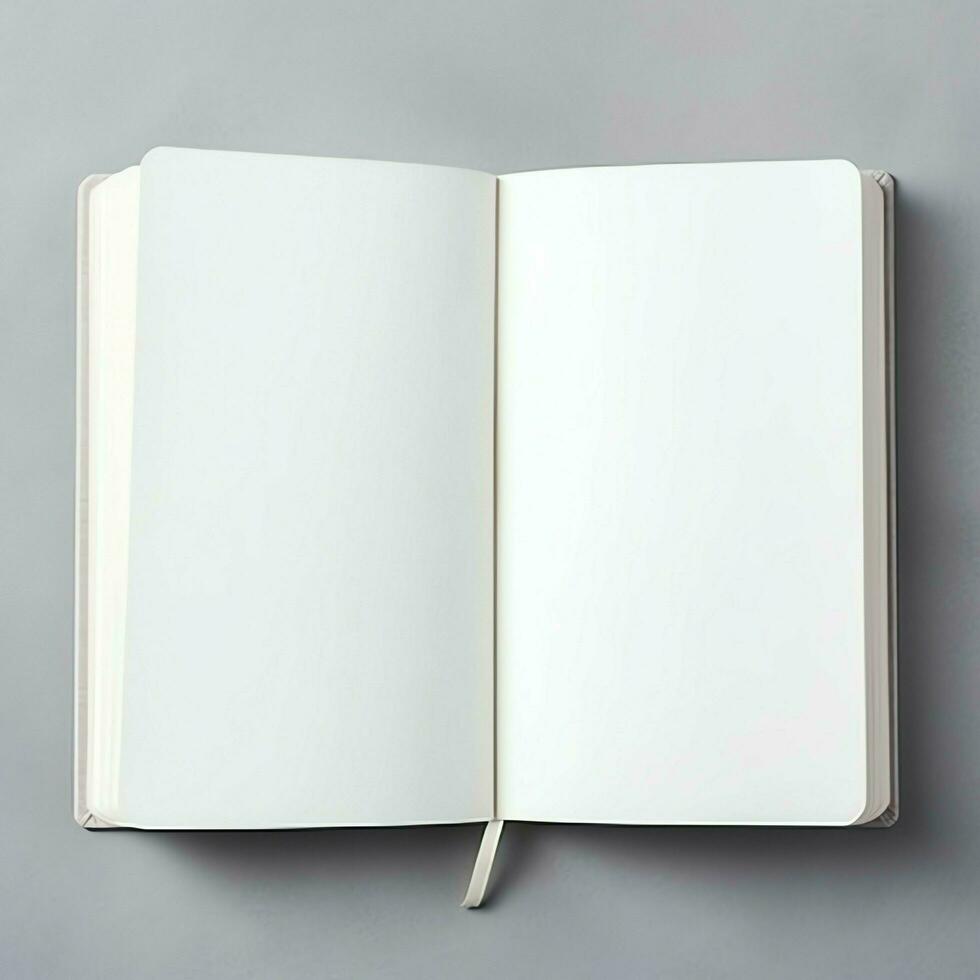 Overhead view of open book with empty blank white pages. Notebook composition for catalog, magazines concept by AI Generated photo
