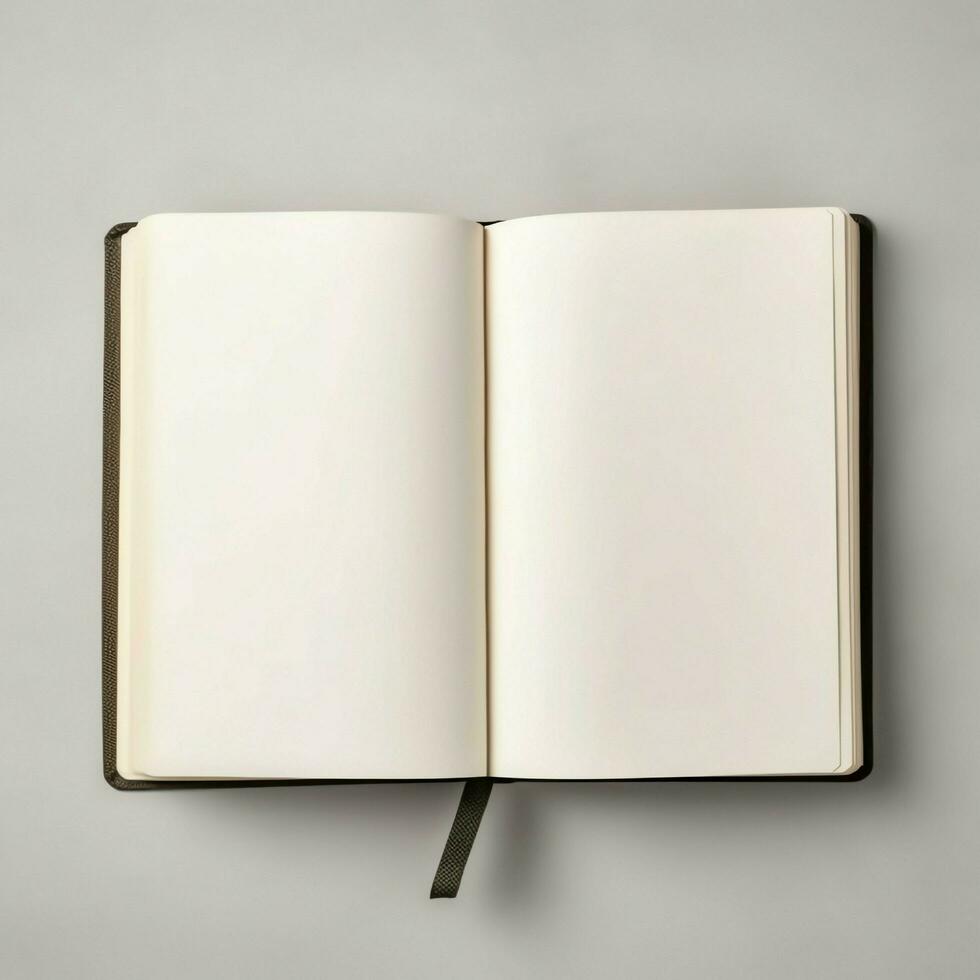 Overhead view of open book with empty blank white pages. Notebook composition for catalog, magazines concept by AI Generated photo