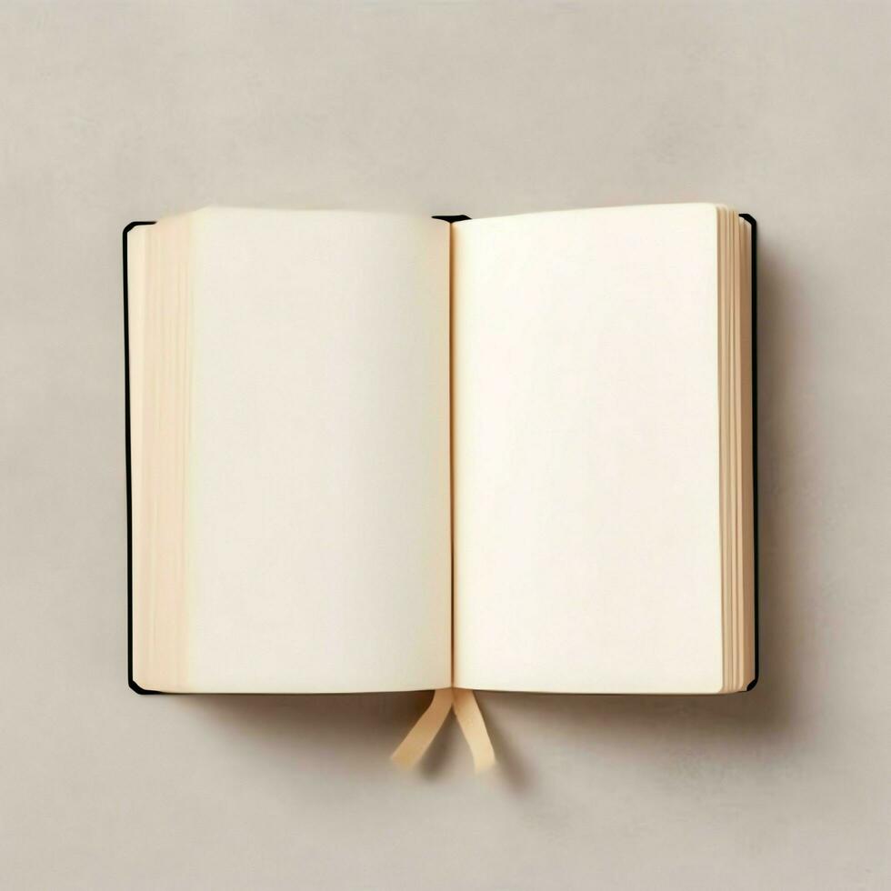 Overhead view of open book with empty blank white pages. Notebook composition for catalog, magazines concept by AI Generated photo
